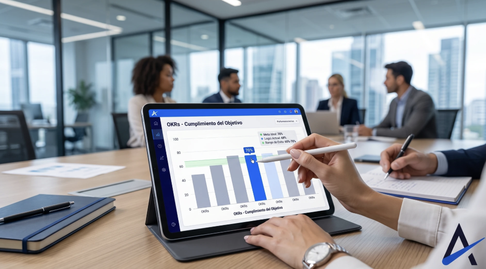 Equipo revisando un tablero de OKRs en una tablet durante una reunión de trabajo